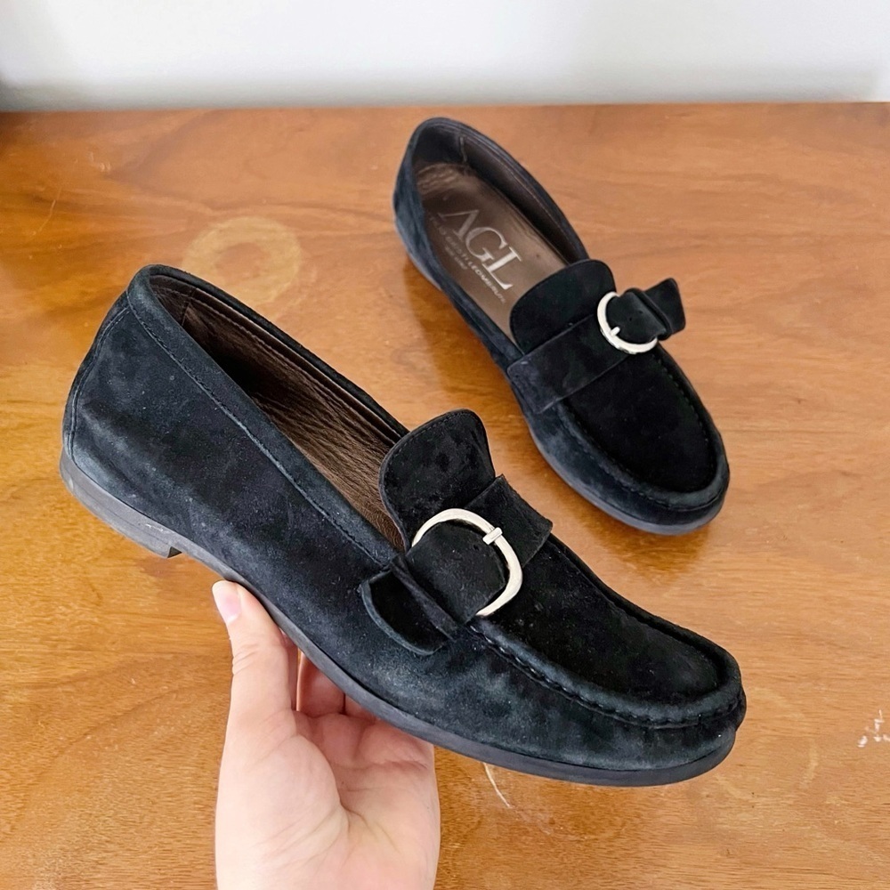 AGL • Buckle Flat loafer moccasin slip on black suede leather driving moc